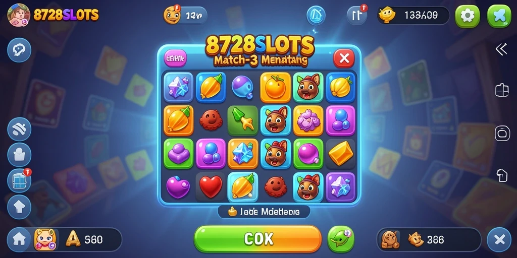 Screenshot gameplay 8728SLOTS yang menampilkan tantangan Match-3 yang mengasyikkan.