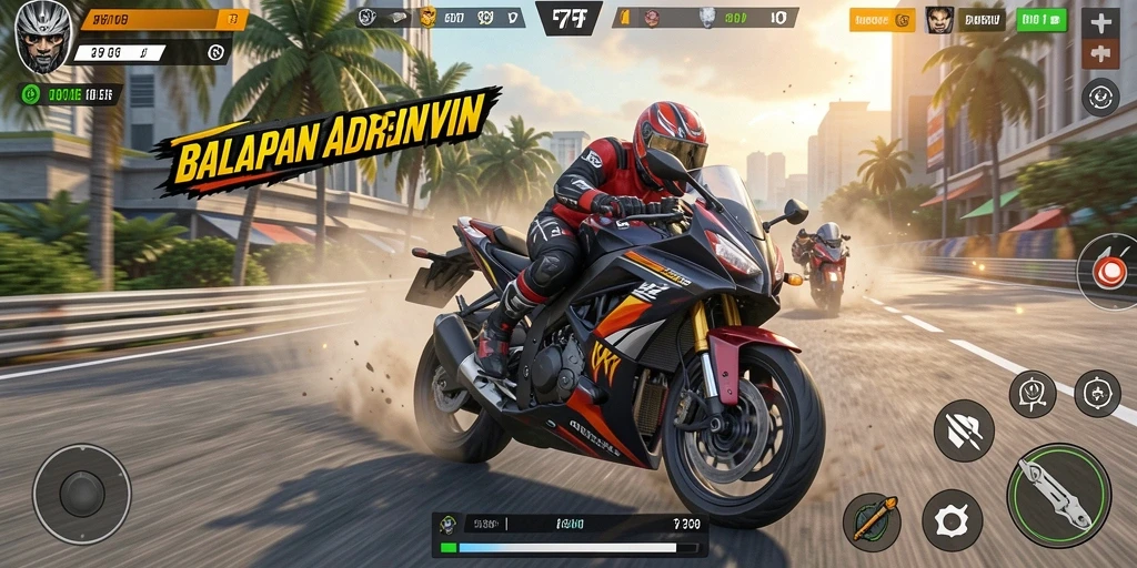 Screenshot utama F7F7 menampilkan aksi balapan motor yang mendebarkan.