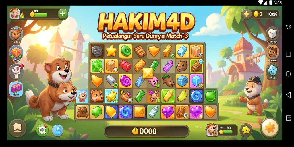 Screenshot utama HAKIM4D menampilkan gameplay Match-3 yang seru dan penuh warna.