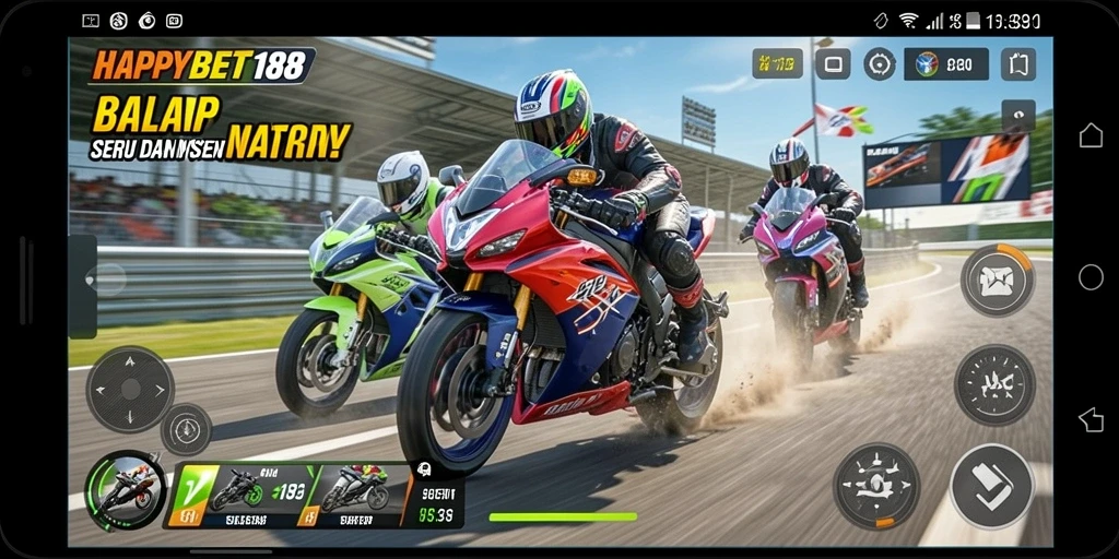 Screenshot gameplay <strong>HAPPYBET188</strong> menampilkan adrenalin balapan motor yang mendebarkan.