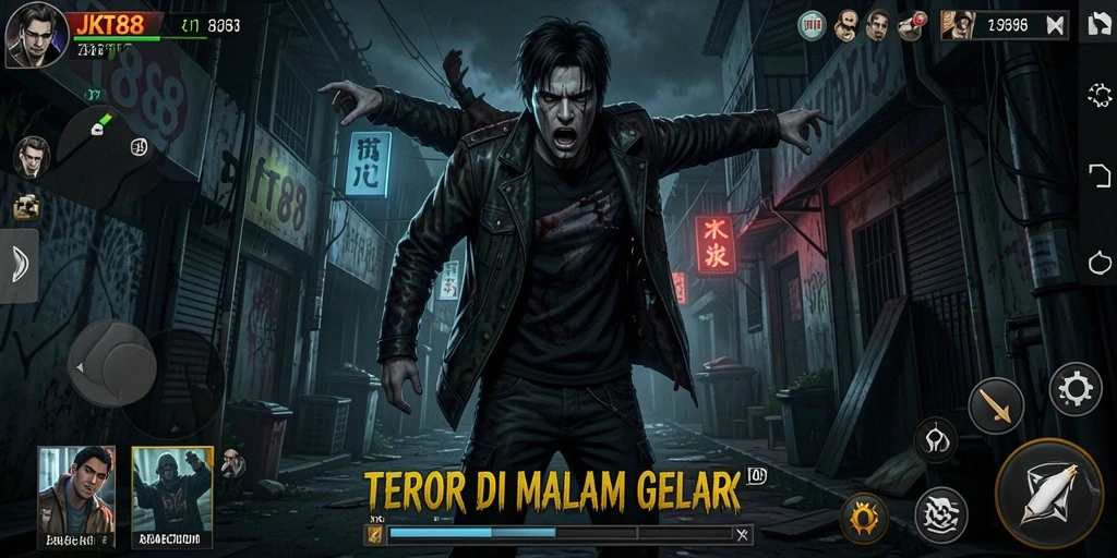 Tangkapan layar gameplay JKT88 dengan suasana horor yang mencekam.
