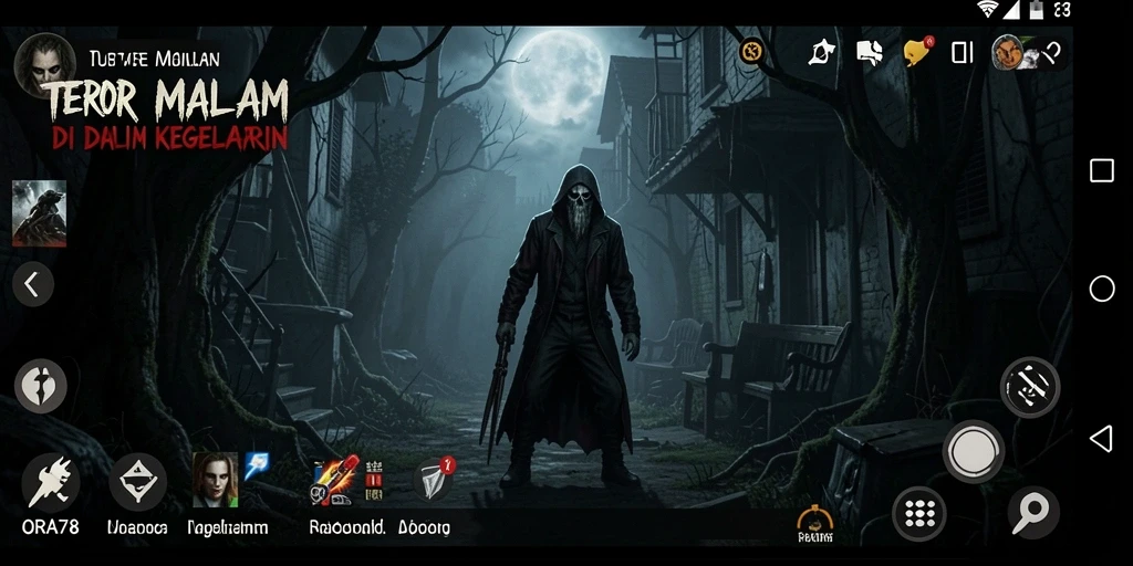 Screenshot gameplay ORA78 menampilkan momen menyeramkan dalam suasana gelap.