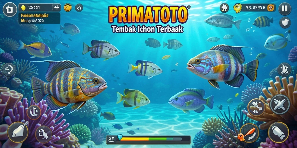 Screenshot gameplay seru dari PRIMATOTO yang menampilkan aksi menangkap ikan.