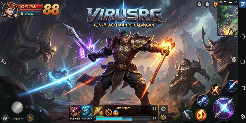 Screenshot utama VIRUS88 menampilkan aksi pertempuran seru di dunia MMORPG.